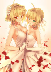 Rule 34 | 00s, 2girls, ahoge, alternate costume, arcueid brunestud, artoria pendragon (all), artoria pendragon (fate), asymmetrical docking, bare shoulders, blonde hair, blush, bow, breast press, breasts, choker, cleavage, collarbone, dress, elbow gloves, eyebrows, fate/stay night, fate (series), gloves, green eyes, hair bow, hair intakes, halterneck, highres, holding hands, large breasts, medium breasts, motion blur, multiple girls, parted lips, petals, red eyes, saber (fate), short hair, smile, tsukihime, type-moon, white dress, white gloves, yangsion