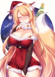 Rule 34 | 1girl, animal ears, asymmetrical bangs, bare shoulders, blonde hair, breasts, bridal gauntlets, christmas tree, cleavage, closed mouth, covered navel, cowboy shot, dated, dress, facial mark, fox ears, fox girl, fox tail, frown, fur-trimmed dress, fur collar, fur hat, fur trim, hat, konshin, large breasts, long hair, looking at viewer, nose, original, red dress, red hat, santa hat, short dress, signature, solo, star (symbol), tail, very long hair, yellow eyes