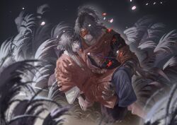 Rule 34 | 2boys, barefoot, black hair, carrying, carrying person, closed eyes, closed mouth, coat, commentary, english commentary, eyepatch, facial hair, falling petals, grass, highres, japanese clothes, kimono, kuro the divine heir, kwiaty k, medium hair, multiple boys, night, night sky, ninja, one eye covered, orange coat, petals, princess carry, prosthesis, prosthetic arm, scarf, sekiro, sekiro: shadows die twice, shura (sekiro), sky, stubble, topknot, wide sleeves