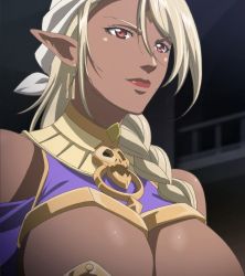 Rule 34 | 10s, 1girl, bikini warriors, breasts, cleavage, dark-skinned female, dark elf (bikini warriors), dark skin, elf, female focus, highres, large breasts, long hair, pointy ears, red eyes, simple background, smile, solo, standing, stitched, third-party edit