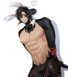 Rule 34 | 1boy, abs, alternate costume, animal ears, au ra, bara, bare pectorals, beard, black male underwear, bound, bound wrists, bow, bowtie, brown hair, brown thighhighs, bulge, cowboy shot, demon boy, demon horns, demon tail, dragon boy, dragon horns, dragon tail, facial hair, final fantasy, final fantasy xiv, head tilt, highres, horns, kemonomimi mode, large pectorals, leaning to the side, looking at viewer, male focus, male underwear, meme attire, muscular, muscular male, navel, nipples, pectorals, rabbit ears, red eyes, reverse bunnysuit, reverse outfit, scales, seum (kao husband), short hair, shrug (clothing), solo, stomach, tail, thick thighs, thighhighs, thighs, underwear, warrior of light (ff14)