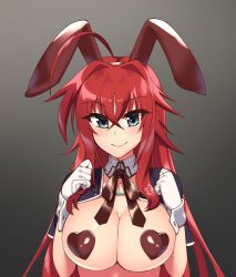 Rule 34 | 1girl, ahoge, animal ears, blue eyes, blush, breasts, cleavage, closed mouth, cowfee, fake animal ears, gloves, heart, heart pasties, high school dxd, highres, instagram username, large breasts, long hair, looking at viewer, pasties, rabbit ears, red hair, rias gremory, smile, solo, upper body, white gloves, wrist cuffs