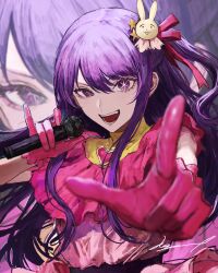 Rule 34 | 1girl, dress, gloves, hair between eyes, hair ornament, heart, highres, holding, holding microphone, hoshino ai (oshi no ko), idol, long hair, looking at viewer, microphone, multicolored hair, open mouth, oshi no ko, pink dress, pink gloves, pointing, pointing at viewer, purple eyes, purple hair, rabbit hair ornament, ratte (cf), smile, solo, star-shaped pupils, star (symbol), star hair ornament, star in eye, symbol-shaped pupils, symbol in eye