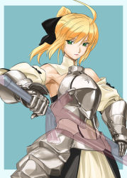 Rule 34 | 00s, 1girl, ahoge, armor, armored dress, armpits, artoria pendragon (fate), blonde hair, capcom, dress, fate/stay night, fate/unlimited codes, fate (series), faulds, gauntlets, green eyes, hairband, makacoon, saber (fate), saber lily, solo, sword, weapon