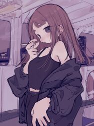 Rule 34 | 1girl, absurdres, bare shoulders, black eyes, black jacket, black tank top, boat, breasts, brown hair, building, cigarette, commentary request, evening, highres, holding, holding cigarette, jacket, long hair, looking at viewer, off shoulder, open clothes, open jacket, original, small breasts, smoking, solo, tank top, watercraft, yunoki itsugu