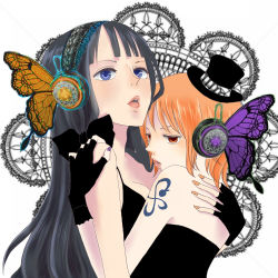 Rule 34 | 2girls, black hair, blue eyes, butterfly wings, female focus, fingerless gloves, gloves, hat, head wings, headphones, insect wings, lowres, magnet (vocaloid), mini hat, multiple girls, nami (one piece), nico robin, one piece, orange hair, parody, pirate, tagme, tattoo, vocaloid, wings, yuri