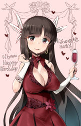 Rule 34 | 1girl, alternate costume, black hair, breasts, bridal gauntlets, brown eyes, cleavage cutout, clothing cutout, cup, dress, drinking glass, earrings, gloves, hair ribbon, highres, hime cut, hiyou (kancolle), holding, holding cup, hoop earrings, jewelry, kantai collection, large breasts, long hair, minase (takaoka nanase), red dress, ribbon, sleeveless, sleeveless dress, solo, white gloves, white ribbon, wine glass