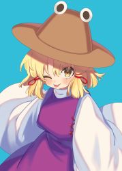 Rule 34 | 1girl, ;p, blonde hair, blue background, blush, brown hat, commentary request, e sdss, hair ribbon, hat, highres, long sleeves, looking at viewer, medium hair, moriya suwako, one eye closed, purple vest, pyonta, red ribbon, ribbon, sidelocks, simple background, solo, tongue, tongue out, touhou, vest, wide sleeves, yellow eyes