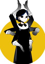 Rule 34 | 1girl, alternate hairstyle, bead bracelet, beads, black dress, black eyes, black hair, blue hair, bracelet, closed mouth, colored skin, dress, ear piercing, earrings, extra arms, hands up, idkuroi, jewelry, kokubunji suou, long sleeves, looking at viewer, mole, mole under mouth, original, piercing, ring, solo, white skin