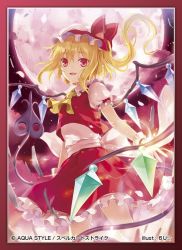 Rule 34 | 1girl, 6u (eternal land), artist name, ascot, blonde hair, bow, crystal, fang, flandre scarlet, frills, full moon, hat, hat ribbon, laevatein, looking at viewer, mob cap, moon, open mouth, petals, ponytail, puffy sleeves, red eyes, red moon, ribbon, sash, shirt, short hair, short sleeves, side ponytail, skirt, skirt set, smile, solo, text focus, touhou, wings, wrist cuffs