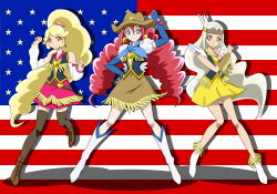 Rule 34 | 10s, 3girls, american flag, blonde hair, blonde haired cure (bomber girls precure) (happinesscharge precure!), blue eyes, boots, brooch, cowboy hat, cowboy western, detached sleeves, drill hair, earrings, eyelashes, freckles, fringe trim, green eyes, grey hair, grey haired cure (bomber girls precure) (happinesscharge precure!), happinesscharge precure!, happy, hat, heart, heart brooch, jewelry, looking at viewer, magical girl, moritakusan, multiple girls, orange eyes, ponytail, precure, red hair, red haired cure (bomber girls precure) (happinesscharge precure!), shirt, skirt, smile, standing, thighhighs, thighs, twintails, vest, wrist cuffs