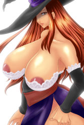 Rule 34 | 1girl, areola slip, breasts, brown eyes, brown hair, dragon&#039;s crown, female focus, hat, highres, huge breasts, ibuki rinji, no panties, solo, sorceress (dragon&#039;s crown), white background, witch hat