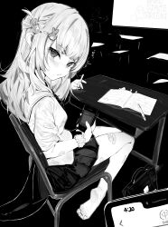 Rule 34 | 1girl, absurdres, barefoot, cellphone, classroom, desk, feet, fins, fish tail, gawr gura, gawr gura (school uniform), highres, holding, holding pencil, holding phone, hololive, hololive english, knees together feet apart, legs, long hair, looking at viewer, monochrome, notebook, old metal 666, one side up, pencil, phone, pov, school desk, scrunchie, shark tail, smartphone, soles, tail, toe scrunch, toes, virtual youtuber, wrist scrunchie