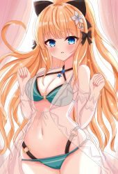 Rule 34 | 1girl, aqua bikini, bikini, black bow, blonde hair, blue eyes, blush, bow, breasts, elf, flower, hair bow, hair flower, hair ornament, highres, imono y, large breasts, layered bikini, long hair, looking at viewer, open mouth, pointy ears, ponytail, princess connect!, saren (princess connect!), saren (summer) (princess connect!), smile, solo, swimsuit