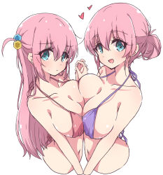 Rule 34 | 2girls, :c, aqua eyes, bare arms, bare shoulders, bikini, blush, bocchi the rock!, breast press, breasts, cleavage, closed mouth, collarbone, cropped torso, cube hair ornament, folded ponytail, gotoh hitori, gotoh michiyo, hair between eyes, hair ornament, heart, highres, holding hands, huge breasts, long hair, looking at viewer, mel (melty pot), micro bikini, mother and daughter, multiple girls, navel, one side up, open mouth, pink bikini, pink hair, purple bikini, simple background, smile, stomach, sweatdrop, swimsuit, symmetrical docking, white background