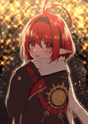 Rule 34 | 1girl, antenna hair, backlighting, black hairband, blush, dungeon and fighter, ear piercing, hair between eyes, hairband, highres, jacket, key, long sleeves, looking at viewer, mage (dungeon and fighter), open mouth, piercing, pointy ears, puffy long sleeves, puffy sleeves, red eyes, red hair, scarf, sleeves past wrists, smile, solo, sparks, sparkle background, summoner (dungeon and fighter), upper body, usamero