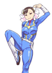 Rule 34 | 1girl, alternate color, bodysuit, breasts, brown eyes, brown hair, bun cover, capcom, captain marvel, captain marvel (cosplay), chun-li, commentary request, cosplay, double bun, fighting stance, hair bun, highres, looking at viewer, marvel, ms. marvel, skin tight, smile, solo, street fighter, thick thighs, thighs, ueyama michirou, white background