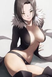 Rule 34 | 1girl, belt, black belt, black hair, black jacket, breasts, closed mouth, commentary request, fagi (kakikaki), fur-trimmed jacket, fur trim, highres, jacket, large breasts, lips, lipstick, long sleeves, looking at viewer, makeup, merlin (nanatsu no taizai), mole, mole under eye, nanatsu no taizai, navel, open clothes, open jacket, partial commentary, pink lips, revealing clothes, shadow, short hair, simple background, sitting, smile, solo, stomach, white background, yellow eyes