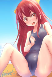 Rule 34 | 1girl, artist name, blue one-piece swimsuit, bow, breasts, cameltoe, commentary request, covered navel, from below, hair bow, highres, kamijou sadame, kamikaze (kancolle), kantai collection, long hair, looking at viewer, one-hour drawing challenge, one-piece swimsuit, red eyes, red hair, school swimsuit, small breasts, solo, swimsuit, yellow bow