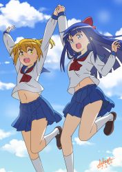 Rule 34 | 10s, 2girls, anime coloring, arm up, arms up, blue eyes, blue hair, blue sailor collar, blue skirt, blue sky, bow, brown footwear, cloud, commentary request, dated, day, hair bow, hair ornament, hair scrunchie, hand up, holding hands, interlocked fingers, kirara jump, kneehighs, loafers, long hair, long sleeves, multiple girls, navel, orange hair, outdoors, pipimi, pleated skirt, poptepipic, popuko, red bow, red neckwear, sailor collar, sakayaya, school uniform, scrunchie, serafuku, shirt, shoes, signature, skirt, sky, sleeves past wrists, socks, twintails, very long hair, white legwear, white shirt, yellow eyes, yellow scrunchie