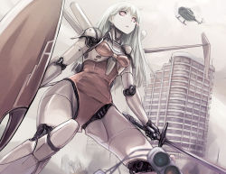 Rule 34 | 1girl, advanced ariel, aircraft, android, ariel (novel), ariel (robot), building, from below, giant, giantess, green hair, helicopter, long hair, pink eyes, robot, ruins, solo, standing, sword, tea (nakenashi), weapon