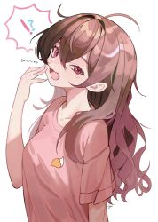 Rule 34 | !?, 1girl, absurdres, ahoge, blush, brown hair, collarbone, commentary, english commentary, fang, fingernails, grey background, hair between eyes, highres, jururu, long fingernails, long hair, messy hair, nail polish, open mouth, pink eyes, pink shirt, shirt, signature, simple background, solo, syu45, t-shirt, tearing up, tongue, virtual youtuber, waktaverse, white nails, yawning