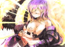Rule 34 | 1boy, 1girl, age difference, ast, ast (artist), baby, bare shoulders, breastfeeding, breast slip, breasts, dress, closed eyes, gradient hair, happy, highres, hijiri byakuren, large breasts, long hair, multicolored hair, one breast out, open clothes, parted lips, smile, touhou