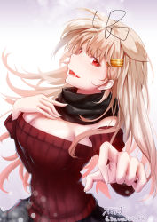 Rule 34 | 1girl, baileys (tranquillity650), bare shoulders, black ribbon, black scarf, blonde hair, blush, breasts, cleavage, detached sleeves, fangs, floating hair, gradient hair, hair flaps, hair ornament, hair ribbon, hairclip, highres, kantai collection, long hair, looking at viewer, messy hair, multicolored hair, open mouth, red eyes, red sweater, ribbed sweater, ribbon, scarf, sidelocks, signature, skirt, smile, solo, sweater, twitter username, yuudachi (kancolle), yuudachi kai ni (kancolle)