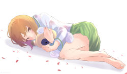 Rule 34 | 1girl, bandages, bandaid, barefoot, blouse, boko (girls und panzer), brown eyes, brown hair, closed mouth, commentary, dutch angle, fetal position, girls und panzer, green skirt, holding, holding stuffed toy, long sleeves, looking at viewer, lying, miniskirt, nishizumi miho, on side, ooarai school uniform, oze (xyz go go11), petals, pleated skirt, sailor collar, school uniform, serafuku, shadow, shirt, short hair, simple background, skirt, smile, solo, stuffed animal, stuffed toy, teddy bear, toes, twitter username, white background, white sailor collar, white shirt