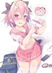 Rule 34 | 1boy, astolfo (fate), astolfo (sailor paladin) (fate), bag, blush, bow, braid, fang, fate/apocrypha, fate (series), hair bow, holding, implied pregnancy, kneeling, looking at viewer, male focus, official alternate costume, p answer, phone, pink hair, pink skirt, pleated skirt, pregnancy test, purple eyes, sailor collar, school bag, school uniform, serafuku, simple background, skin fang, skirt, smile, solo, symbol-shaped pupils, thighhighs, trap, white background, white thighhighs