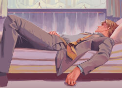 Rule 34 | 1boy, bed, blonde hair, blue shirt, buttoned cuffs, buttons, closed eyes, closed mouth, collared shirt, formal, grey jacket, grey pants, grey suit, indoors, jacket, jujutsu kaisen, long sleeves, lying, male focus, nanami kento, necktie, okaya (blackjokecompany), on back, pants, pillow, profile, shirt, sleeping, solo, suit, yellow necktie