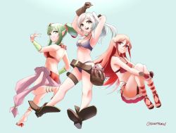 Rule 34 | 3girls, anklet, bag, basket, belt, bikini, blue background, boots, breasts, cleavage, cordelia (fire emblem), cordelia (summer) (fire emblem), fire emblem, fire emblem awakening, fire emblem heroes, frilled bikini, frills, gloves, green eyes, green hair, hugging own legs, invisible chair, jewelry, jumping, leather, leather gloves, long hair, medium breasts, multiple girls, navel, nintendo, o-ring, o-ring bikini, octopus, open mouth, pointy ears, purple bikini, red bikini, red eyes, red hair, robin (female) (fire emblem), robin (fire emblem), sandals, sash, satchel, side-tie bikini bottom, sidelocks, silver hair, simple background, sitting, skeptycally, small breasts, smile, swimsuit, thigh strap, tiki (adult) (fire emblem), tiki (adult) (summer) (fire emblem), tiki (fire emblem), twintails, twitter username, v, vambraces, yellow eyes