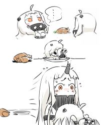 Rule 34 | ..., 10s, 2girls, abyssal ship, ahoge, bird, blush, carrying, chicken, chicken (food), claws, comic, plate, flying sweatdrops, food, horns, kantai collection, long hair, motion lines, multiple girls, northern ocean princess, ohyo, orange eyes, seaport princess, sidelocks, single horn, spoken ellipsis, sweat, white hair