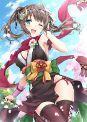 Rule 34 | 1girl, ;d, arm guards, arm strap, bad id, bad pixiv id, blue eyes, blush, boots, breasts, brown hair, cowboy shot, crescent, crescent hair ornament, day, floating hair, flower, hair ornament, hair ribbon, hand on own head, holding, japanese clothes, kunai, kyariko, long hair, looking at viewer, mask, mask on head, medium breasts, natsume (kyariko), ninja, one eye closed, open mouth, original, outdoors, panties, reverse grip, ribbon, scarf, side-tie panties, smile, solo, thigh boots, thighhighs, thighs, twintails, underwear, weapon, wind