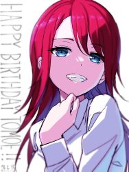 Rule 34 | 1girl, absurdres, bang dream!, blue eyes, blue hair, clenched teeth, collared shirt, commentary, dated, dress shirt, english commentary, happy birthday, highres, long hair, long sleeves, looking at viewer, mixed-language commentary, nobusawa osamu, red hair, shirt, sidelocks, solo, teeth, udagawa tomoe, upper body, white background, white shirt