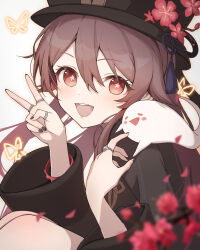Rule 34 | 1girl, black hat, black nails, blush, boo tao (genshin impact), brown hair, bug, butterfly, chinese clothes, coattails, collared coat, flower, flower-shaped pupils, genshin impact, ghost, hair between eyes, hat, hat flower, hat tassel, highres, hu tao (genshin impact), insect, jewelry, kinokare, long hair, long sleeves, looking at viewer, multiple rings, open mouth, plum blossoms, porkpie hat, red eyes, ring, smile, symbol-shaped pupils, tailcoat, thumb ring, twintails, wide sleeves