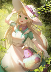 Rule 34 | 1girl, :d, apron, blonde hair, blush, bow, commentary request, creatures (company), day, dress, eyelashes, game freak, gen 8 pokemon, green dress, green eyes, hand on headwear, hat, hat bow, highres, ibu (reminiscenceve), korean commentary, leaf, lillie (pokemon), lillie (special costume) (pokemon), long hair, nintendo, official alternate costume, open mouth, outdoors, pinafore dress, pokemon, pokemon (creature), pokemon masters ex, polteageist, purple bow, short sleeves, sleeveless, sleeveless dress, smile, tongue, white apron, white headwear