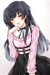 Rule 34 | 1girl, arane (lolitwin), black hair, black ribbon, black skirt, blunt bangs, brown eyes, hand up, highres, idolmaster, idolmaster shiny colors, long hair, long sleeves, looking at viewer, mayuzumi fuyuko, open mouth, pink shirt, ribbon, shirt, simple background, skirt, smile, solo, standing, two side up, white background