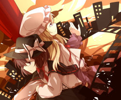 Rule 34 | 2girls, ascot, back-to-back, blonde hair, blue eyes, bow, brown eyes, brown hair, building, capelet, city, cityscape, closed mouth, dutch angle, expressionless, hair bow, hat, hat bow, light smile, long hair, maribel hearn, multiple girls, nishigyou teraa, railroad tracks, ribbon, sitting, smile, touhou, trojan green asteroid, twilight, usami renko