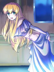 Rule 34 | 1girl, :d, aldnoah.zero, aqua eyes, arm behind back, asseylum vers allusia, bent over, blonde hair, crop top, detached sleeves, from side, hair between eyes, kumakosion, long hair, long skirt, long sleeves, looking at viewer, midriff, navel, off shoulder, open mouth, skirt, smile, solo, stomach, very long hair, white skirt, white sleeves