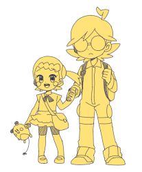 Rule 34 | 1boy, 1girl, ahoge, bag, bike shorts, blush stickers, bonnie (pokemon), brother and sister, child, clemont (pokemon), creatures (company), frown, full body, game freak, glasses, holding hands, jumpsuit, mary janes, monochrome, moyori, nintendo, opaque glasses, open mouth, pokemon, pokemon (anime), ponytail, shoes, short hair, siblings, side ponytail, simple background, skirt, smile, sneakers, standing, white background, yellow theme