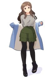 Rule 34 | 1girl, absurdres, ankle boots, black footwear, black pantyhose, blue coat, boots, brown eyes, brown hair, closed mouth, coat, frown, green skirt, grey shirt, highres, idolmaster, idolmaster million live!, kamille (vcx68), kitazawa shiho, layered skirt, long hair, long sleeves, looking at viewer, miniskirt, open clothes, open coat, pantyhose, shadow, shirt, simple background, skirt, solo, standing, white background
