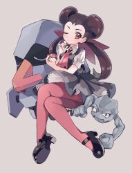 Rule 34 | 1girl, amezawa koma, ascot, black dress, black footwear, bow, brown bow, brown eyes, brown hair, collared shirt, commentary, creatures (company), crossed legs, double bun, dress, game freak, gen 1 pokemon, gen 3 pokemon, geodude, grabbing another&#039;s chin, grey background, gym leader, hair bow, hair bun, hair pulled back, hand on another&#039;s chin, highres, holding, holding poke ball, invisible chair, long hair, looking at viewer, mary janes, nintendo, nosepass, one eye closed, pantyhose, pink ascot, poke ball, poke ball (basic), pokemon, pokemon (creature), pokemon oras, puffy short sleeves, puffy sleeves, purple pantyhose, roxanne (pokemon), shirt, shoes, short dress, short sleeves, simple background, sitting, twintails, twitter username, white shirt, wing collar