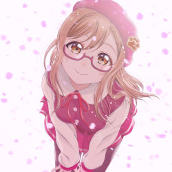 Rule 34 | 1girl, beret, blush, brown hair, cherry blossoms, h.i.t (59-18-45), hat, highres, kunikida hanamaru, leaning forward, long hair, looking at viewer, love live!, love live! sunshine!!, neckwear request, open mouth, pantyhose, pleated skirt, red hat, red neckwear, school uniform, skirt, smile, solo, yellow eyes