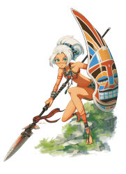 Rule 34 | 1girl, asterisk kome, barefoot, bodypaint, bracelet, breasts, facepaint, feet, female focus, green eyes, hair ribbon, highres, holding, holding spear, holding weapon, jewelry, necklace, original, polearm, ponytail, ribbon, serious, shield, small breasts, solo, spear, toes, tribal, weapon, white hair
