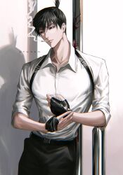 Rule 34 | 1boy, absurdres, black gloves, black hair, black pants, blood, blood splatter, chainsaw man, chest belt, cigarette, collared shirt, cowboy shot, earrings, fingerless gloves, gloves, hayakawa aki, highres, jewelry, looking to the side, nthndn, pants, shadow, shirt, shirt tucked in, short hair, simple background, single glove, sleeves rolled up, smoke, smoking, solo, stud earrings, topknot, white background, white shirt