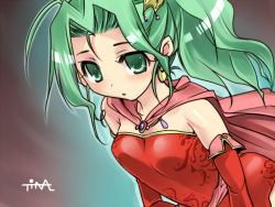 Rule 34 | 1990s (style), 1girl, cape, character name, detached sleeves, dissidia final fantasy, dress, earrings, final fantasy, final fantasy vi, gloves, green eyes, green hair, jewelry, long hair, matching hair/eyes, necklace, ponytail, solo, tina branford, tokimon, tokita monta
