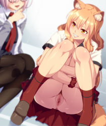 Rule 34 | 2girls, 846-gou, animal ears, anus, black dress, black socks, blush, breasts, dress, fate/extra, fate/extra ccc, fate/extra ccc fox tail, fate/grand order, fate (series), female pubic hair, fox ears, fox girl, fox tail, glasses, grey jacket, grin, hair over one eye, highres, jacket, kneehighs, large breasts, light purple hair, long hair, long sleeves, looking to the side, mash kyrielight, multiple girls, necktie, no panties, open clothes, open jacket, open mouth, orange eyes, orange hair, pantyhose, pubic hair, pussy, red legwear, red scrunchie, red skirt, school uniform, scrunchie, shirt, short hair, short sleeves, sidelocks, skirt, smile, socks, squatting, suzuka gozen (fate), tail, thighs, white shirt, wrist scrunchie