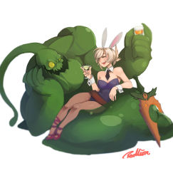 Rule 34 | 1boy, 1girl, animal ears, battle bunny riven, belt, breasts, cleavage, cocktail glass, cup, drinking glass, fake animal ears, folded ponytail, highres, league of legends, leotard, monster boy, pantyhose, playboy bunny, rabbit ears, redlion, riven (league of legends), short hair, silver hair, simple background, slime, slime boy, sword, weapon, zac (league of legends)