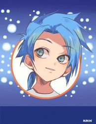 Rule 34 | 1boy, aqua eyes, artist name, blouse, blue-haired boy (how to draw manga), blue background, blue hair, blue theme, blush, cover, cover page, derivative work, forehead, hair intakes, happy, highres, how to draw manga, how to draw manga redraw challenge (meme), light blush, looking to the side, male focus, meme, parted lips, ponytail, portrait, ruron (ruron art), shirt, short hair, sidelocks, smile, solo, watermark, white shirt